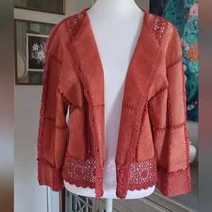 Beautiful Coral Leather Patchwork And Chrochet Jacket